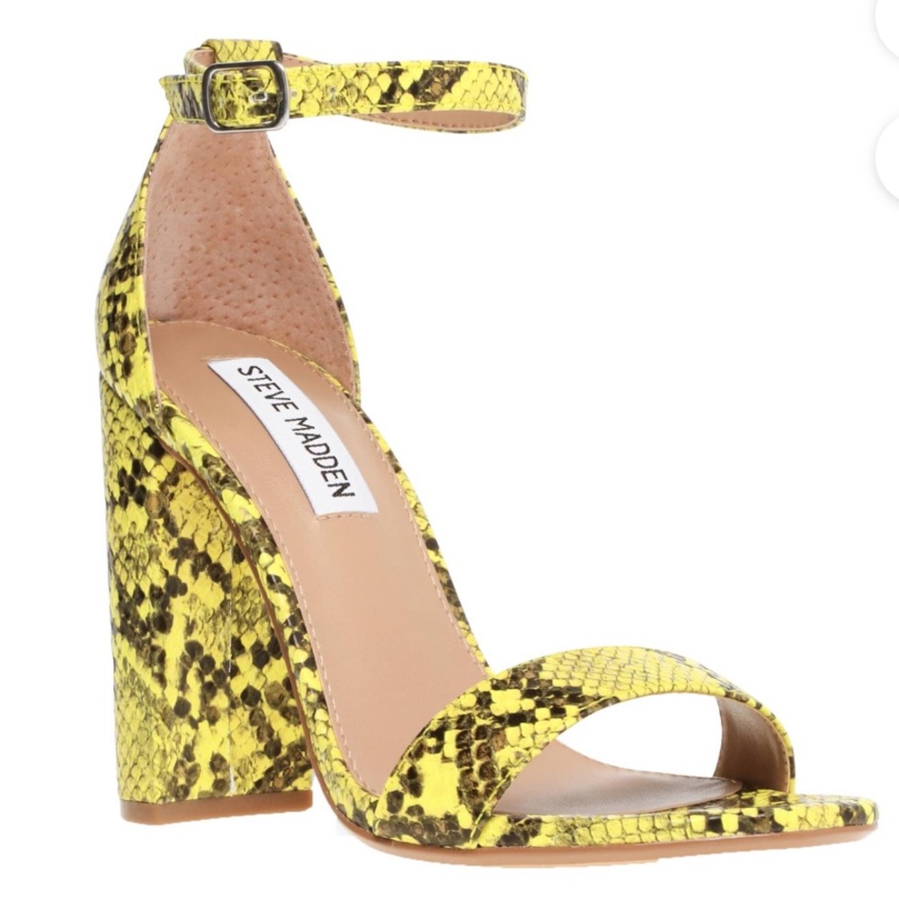 NWT Steve Madden Womens Snakeskin Carson Block Heel Yellow Brown Sandal Shoe 10M